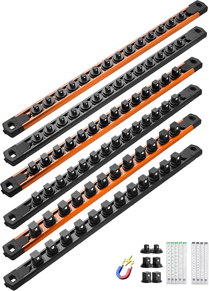 ALOANES Magnetic Socket Organizer Set, 6PC Heavy Duty Aluminum Socket Holder Organizer, 360° Swivel Clips Socket Holder Kit for Toolbox Drawer Fit 1/2, 3/8, 1/4-Inch x 80 Clips (Orange&Black, 6PC)