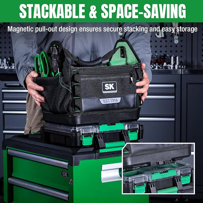 SK 15-Inch Open Top Tool Bag, 1680D Fabric Tool Tote with Waterproof Hard Base, Padded Shoulder Strap & Sturdy Handle, Heavy Duty Stackable Bag Organizer with 28 Pockets, 12 Webbing Loops