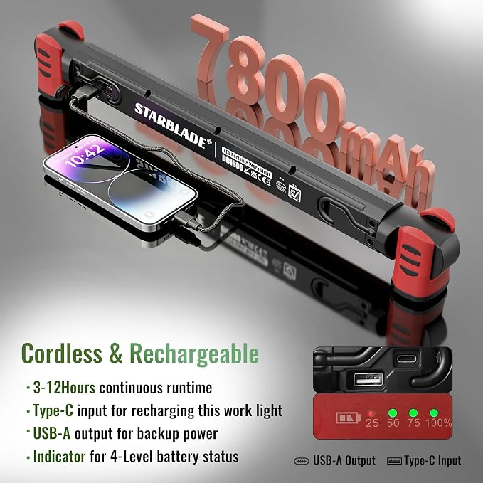 Underhood Magnetic Work Light for Mechanics, 4 Modes 2700K-6500K LED, 7800mAh 12H Battery, IP65 Waterproof, USB-C Rechargeable Hood Light for Car Repair/Garage/Emergency (Red)