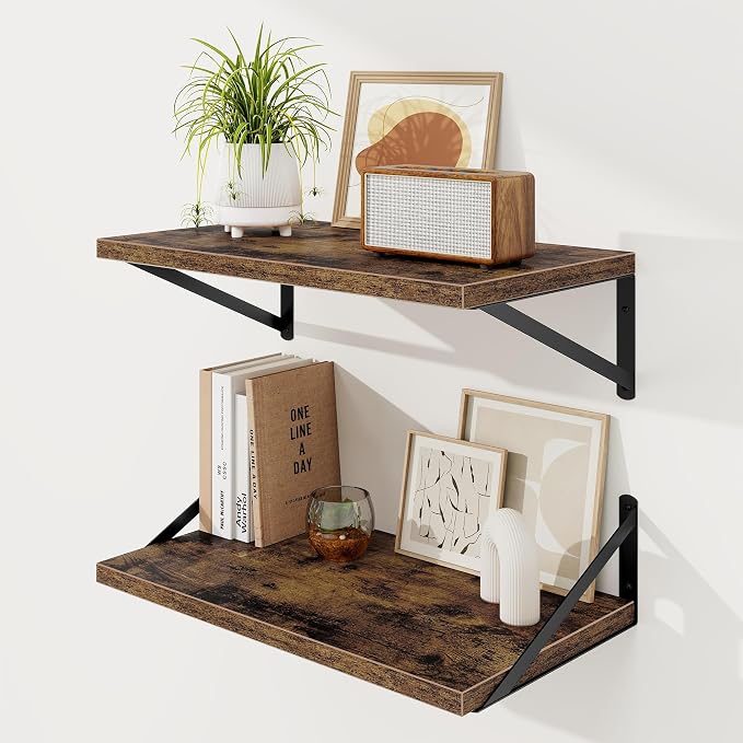 Floating Shelves 12 Inch Deep, 24W x 12D Wall Shelf Set of 2, 50 lbs Heavy Duty Reversible Metal Brackets, Industrial Book Shelf for Living Room Kitchen Bath Bedroom Coffee Bar, Rustic Brown