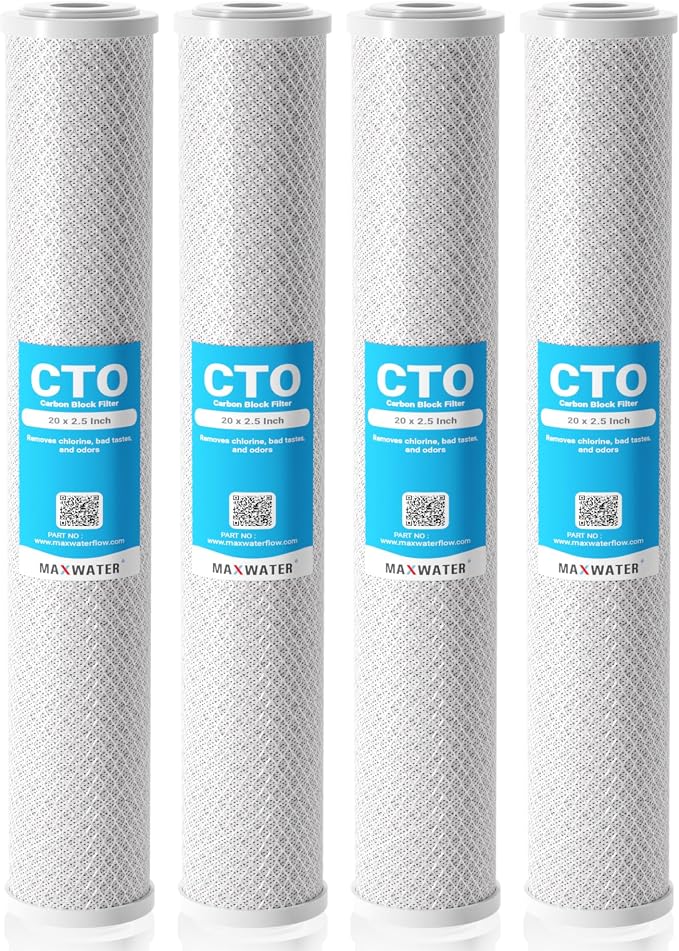 Max Water 20" x 2.5" CTO Carbon Block Water Filter, 5 Micron - Whole House Slim BB Replacement Cartridge Compatible With HX-CB-25-2010, C1-20, CB-25-2005, 155597-43 (4 Pack)