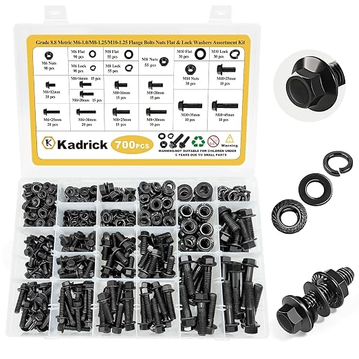 Kadrick Metric Flange Bolt Assortment Kit，700Pcs M6 M8 M10 Bolt Kit,M6-1.0 M8-1.25 M10-1.25 (12mm to 45mm) Hex Bolts Nuts and Washers Kit,Black Zinc Plated