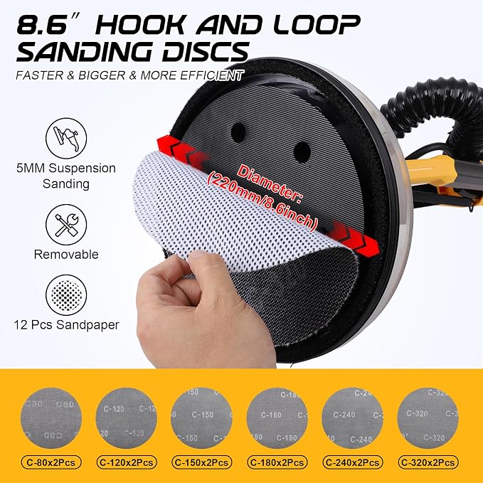 Brushless Drywall Sander, 1200W 10-Amp Popcorn Ceiling Removal Tool with 800-2200RPM 8 Variable Speed 12pcs Sanding Discs Drywall Sander with Vacuum Dust Collector LED Light for Ceiling Sanding