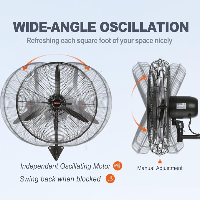 VEVOR 24 Inch 3-Speed 7000 CFM Black Waterproof Wall Mount Oscillating Fan