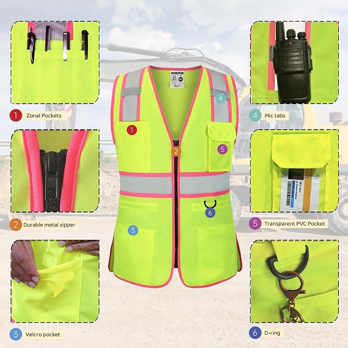 FATONE Women's ANSI Class 2 High-Vis Safety Vest with Reflective Strips, Zipper Pockets & Adjustable Waist - Yellow/Pink Construction Work Vest for Warehouse Personnel, Road Crews XL