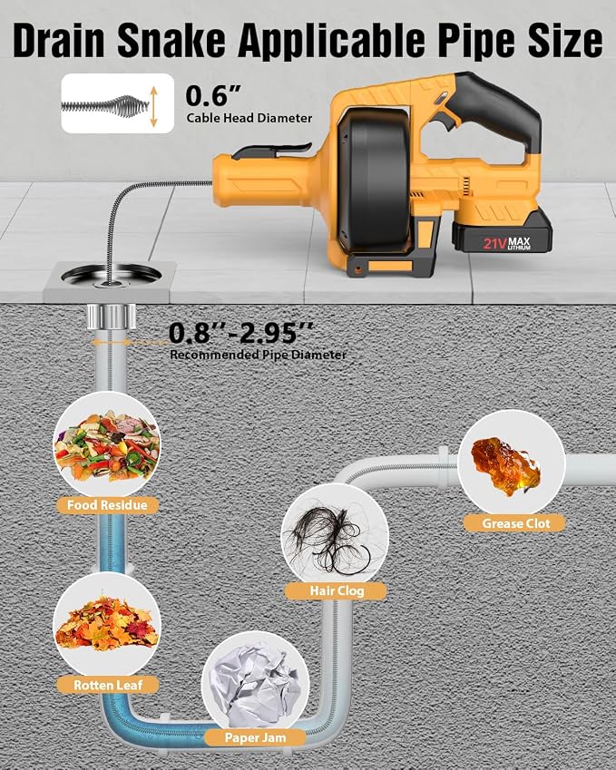 Ublue 21V Cordless Electric Drain Auger, 25Ft Auto Feed Drain Snake for Clog Remover with 2.0Ah Battery, Plumbing Snake for Sink Toilet Bathroom Shower Pipes 3/4"-2.95", Included Bag Gloves Rag