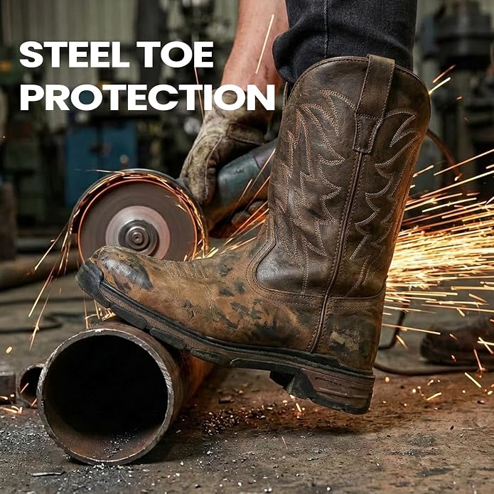 ANGRYRAM Cowboy Work Boots for Men Square Toe Leather Western Boot Slip Resistant Indestructable Steel Toe Safety Boots for Men Work-Man Pro Series