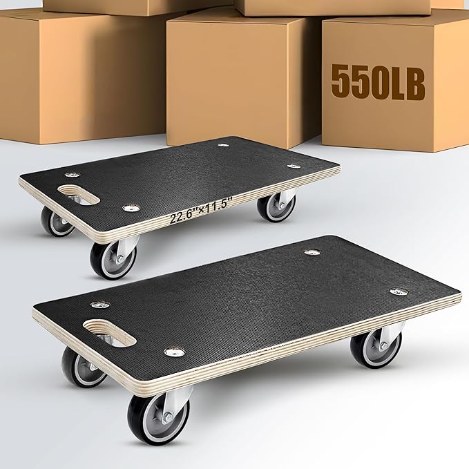 1100LB Heavy Duty Rectangle Moving Dolly Cart - 2-Pack with 3" TPR Wheels | Non-Slip 11-Layer Plywood Platform, No Assembly Needed - for Furniture, Warehouse, Home & Commercial Use