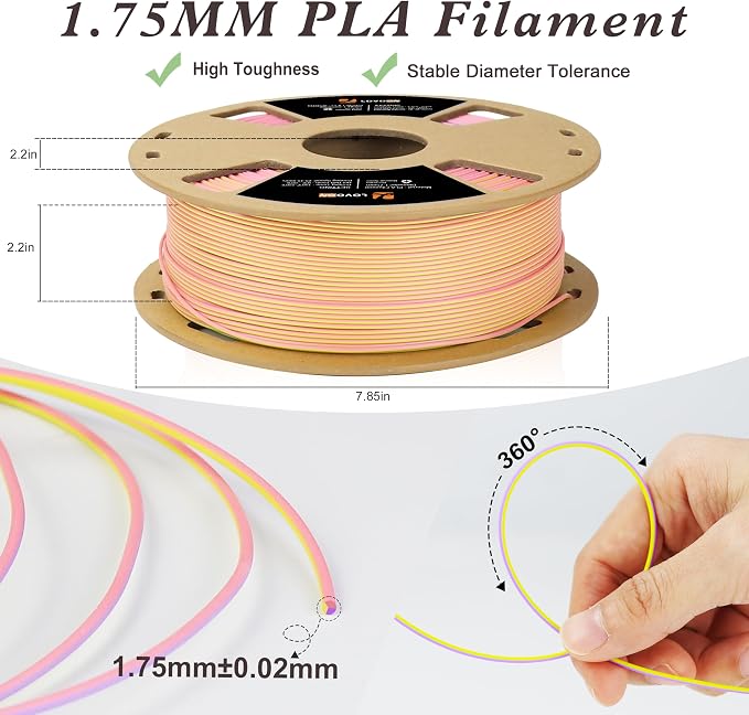 LOVOON Matte Tricolors PLA 3D Printer Filament Multi-Color Changing by Angle Rainbow PLA 3D Printing Filament Fit Most 3D Printers/3D Pens,Matte Purple/Pink/Yellow,1KG(2.2lbs)/Spool
