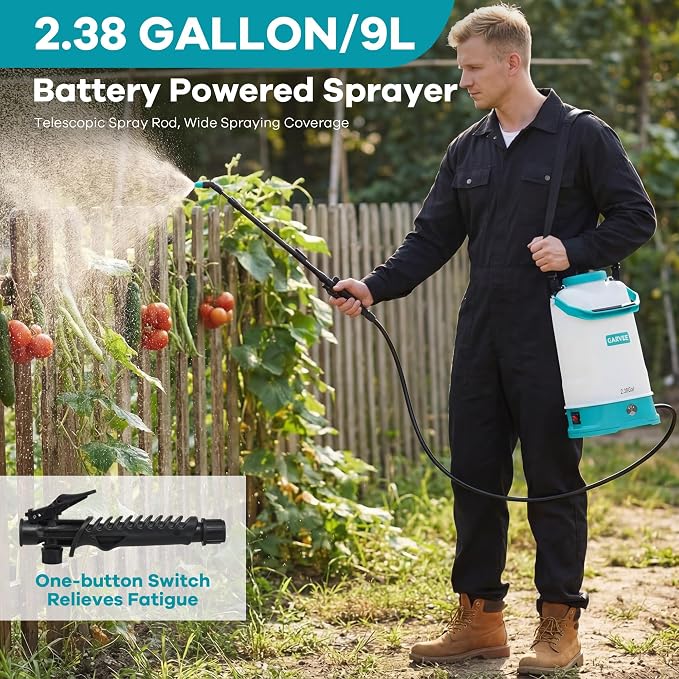 2.38 Gallon Battery Powered Sprayer with Adjustable Shoulder Strap, 0-60 PSI Adjustable Pressure, Electric Sprayer with 1 Nozzles and 1 Wands, 12V 2Ah Battery, Wide Mouth Lid for Weeding, Spraying
