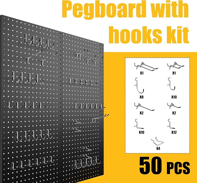Spampur Peg Board, 6 Pack Metal Pegboard Panels Black Pegboards Wall Organizer with 50 Hooks, Heavy Duty Peg Board for Walls Home, Garage Tool Storage, Office Organization, Craft Room, Kitchen