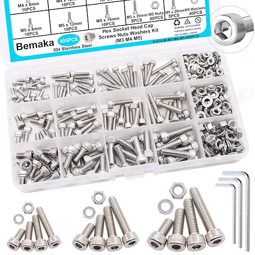 405PCS M3 M4 M5 Metric Screw Assortment Kit, 8-20mm Hex Socket Head Cap Screws Bolts Nuts Washers Assortment Kit, 304 Stainless Steel Metric Bolts with 3 Hex Wrench