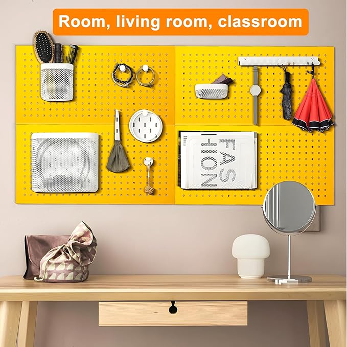 Metal Peg Board Panels, Pegboard Panels, Heavy Duty Pegboards | 4 Pack Yellow Peg Boards, Wall Organizer For Workbench, Shop, Shed, Modular Organizer Board Kit, Wall Organizer