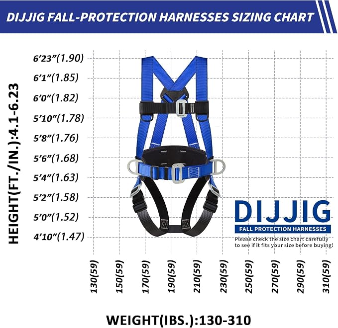 DIJJIG Safety Harness Fall Protection Kit Full Body Roofing Harnesses With Internal Shock Absorbing Lanyard, Blue Safety Harness For Construction OSHA/ANSI Compliant