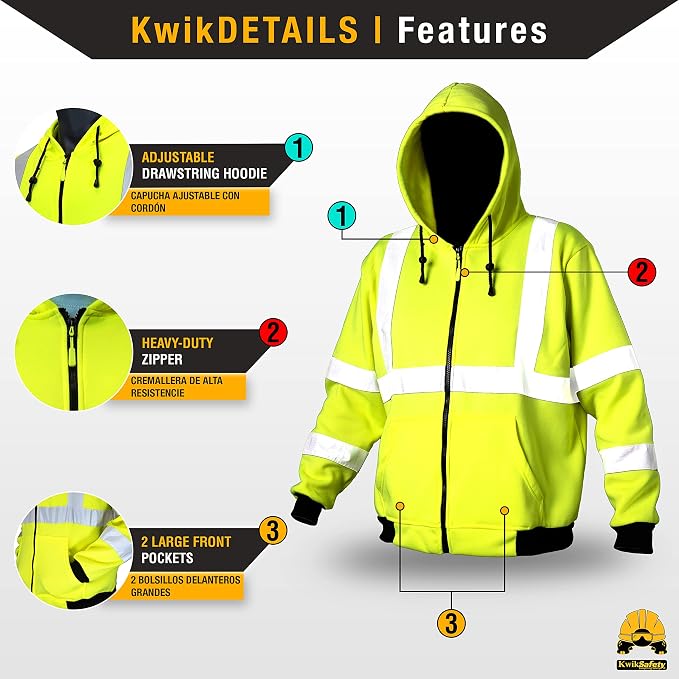 KwikSafety - Charlotte, NC - Men's Fleece Safety Hoodie | PPE Hi Vis Lightweight Reflective Jacket