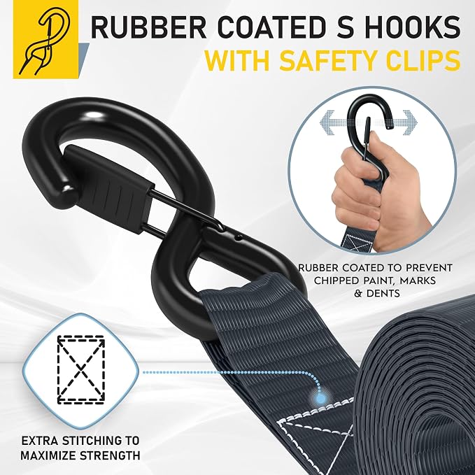 AUGO Heavy Duty Ratchet Straps & Soft Loops – Pack of 4 Extra Strong 1.5” by 15’ Ratchet Straps w/S-Hook Safety Latches & 4 Soft Loop Tie Downs – 4400Lb Break Strength for Motorcycles, ATVs, Etc.