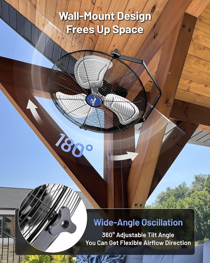 iLiving 20" Wall Mounted/Floor Stand Variable Speed Indoor/Outdoor Fan, Industrial grade for Patio, Greenhouse, Garage, Workshop, and Loading Dock, 4650 CFM, Black