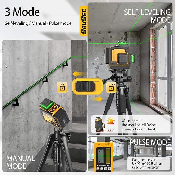 Laser Level 360 Self Leveling, SAVSEC 3 x 360 3D Stepless Dimming(Up to 37H) Green Line Laser, Cross Line Laser Leveler Tool for Construction and Picture Hanging, Rechargeable Battery