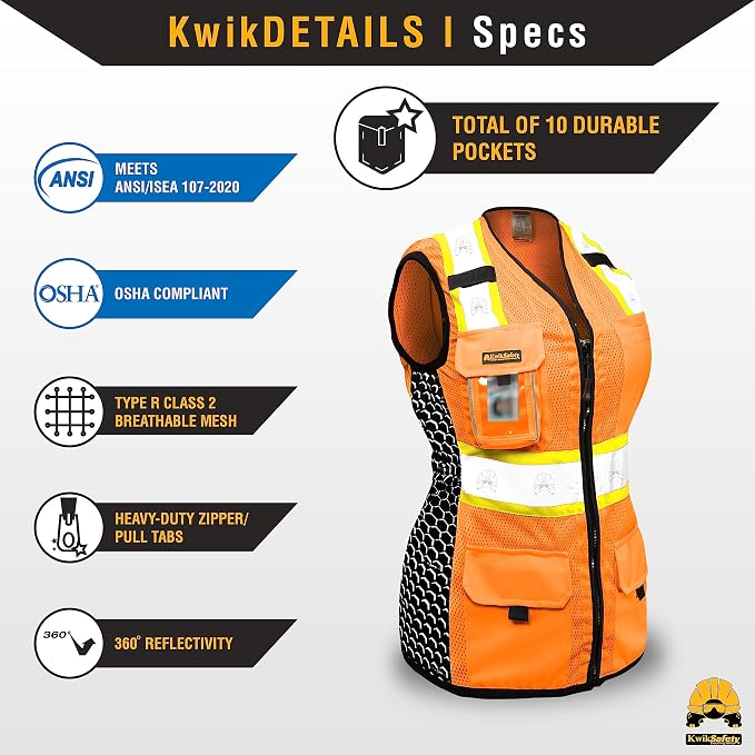KwikSafety QUEEN BEE Safety Vest for Women [Orange, XL] + TORTOISE Full Brim Hard Hat Bundle