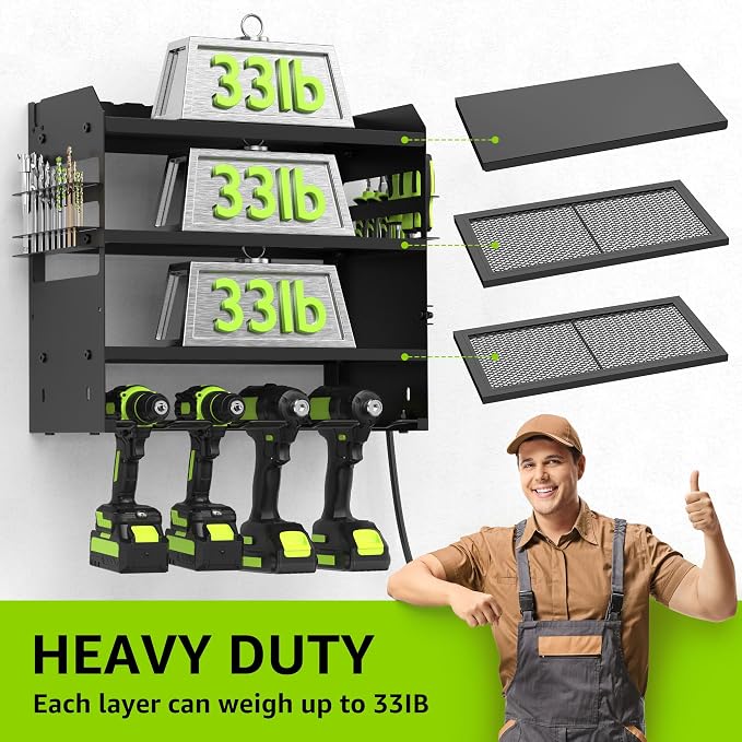 HUPBIPY Modular Power Tool Organizer Wall Mount Drill Holder Garage Shelf | 4 Layer Heavy Duty Rack with Charging Station Drill Holders and Magnetic Tool Holder Strip Tool Battery Holder Gift for Men
