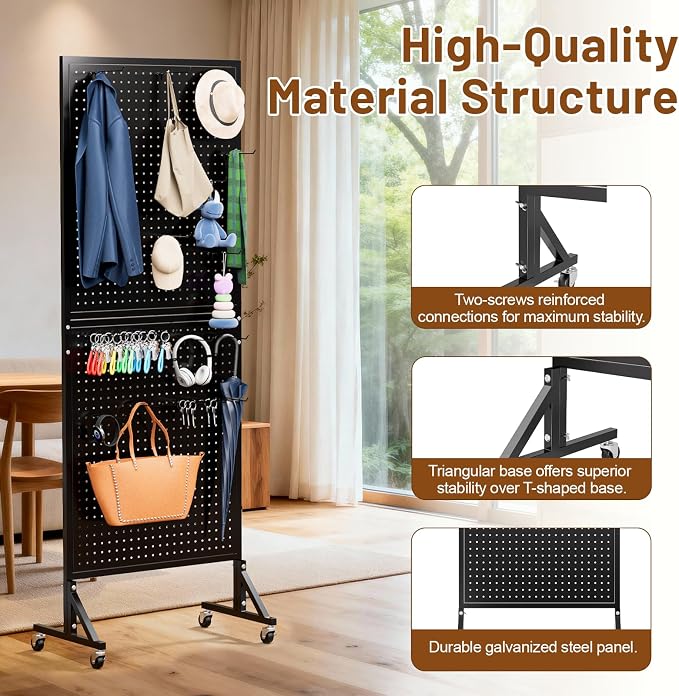 Metal Pegboard Display Stand 66" x 24”, Pegboard Shelf with 30 Hooks, 4 Wheels and 4 Leveling Feet, Peg Board Panels Display Rack for Retail Store, Craft Show, Garage, Jewelry Organizer, Black