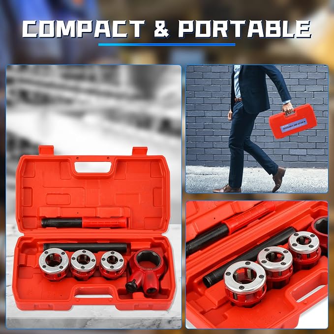 Pipe Threader Ratchet Kit， Manual Ratcheting Pipe Threading Tool Set with 3 NPT Dies 1/2" NPT, 3/4" NPT, 1" NPT,Portable Cast Iron Pipe Threading Set for Galvanized Aluminum Iron Copper PVC Pipes