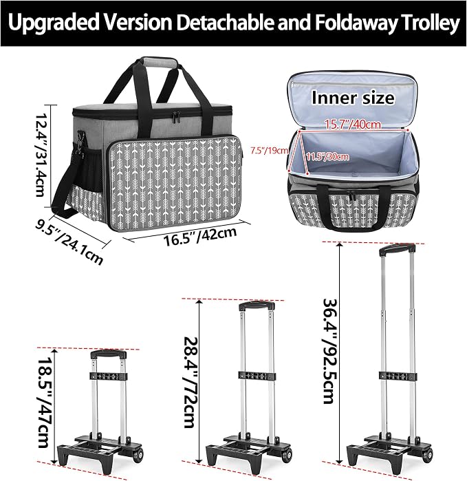 Yarwo Upgraded Rolling Sewing Machine Carrying Case, Detachable Trolley Tote Bag with Removable Bottom Board and Thickened Trailer Leg for Most Standard Sewing Machine and Accessories, Gray with Arrow