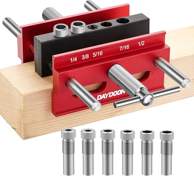 DAYDOOR 6.7" Self Centering Dowel Jig, Wide Capacity Doweling Jig & Drill Guide for Woodworking, Complete Kit with 6 Steel Bushings for Straight Holes(Red)