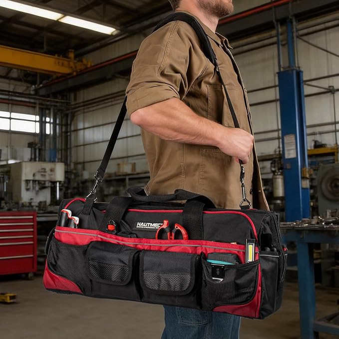 HAUTMEC 24" Heavy-Duty Large Tool Bag, 1680D Wear-Resistant Wide Mouth Tool Bag with Metal Frame & Hard Base, 36 Pockets, Level Holder, Anti-Tangle Padded Shoulder Strap – HT0284