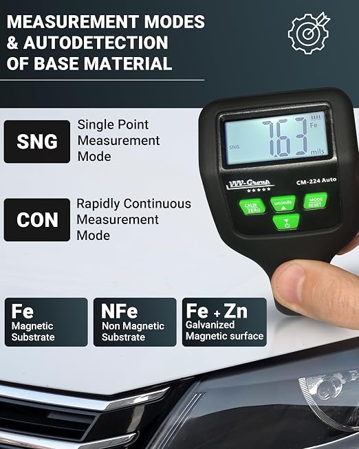 Paint Thickness Gauge CM-224 Auto – Digital Coating Thickness Meter for Cars and Automotive Inspection, Fe / Al / Fe+Zn Detection, 0.1 μm Resolution, Factory Calibrated, Large Backlit LCD