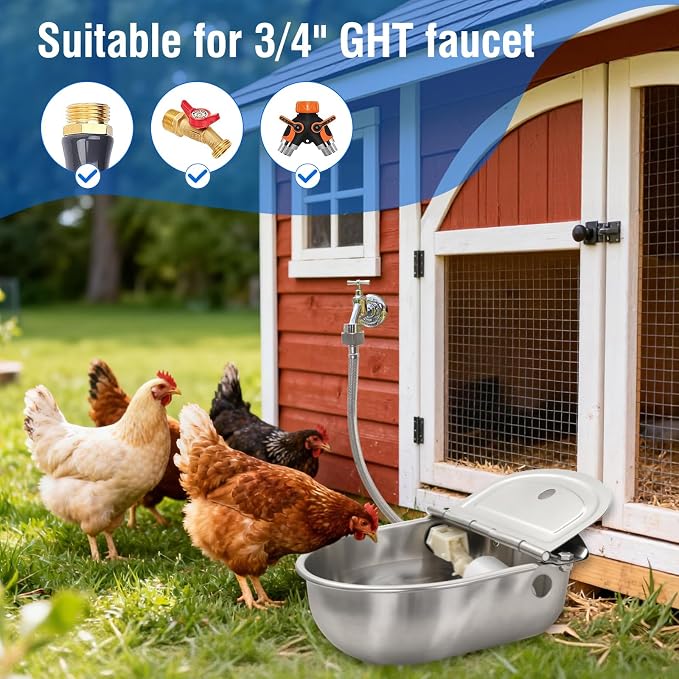 2 Pack 304 Stainless Steel Automatic Livestock Waterer with Float Valve & Drainage Hole – 39 inch Water Hose (one end 3/4“), Animal Drinking Bowl for Dogs, Chickens, Goats, Cows