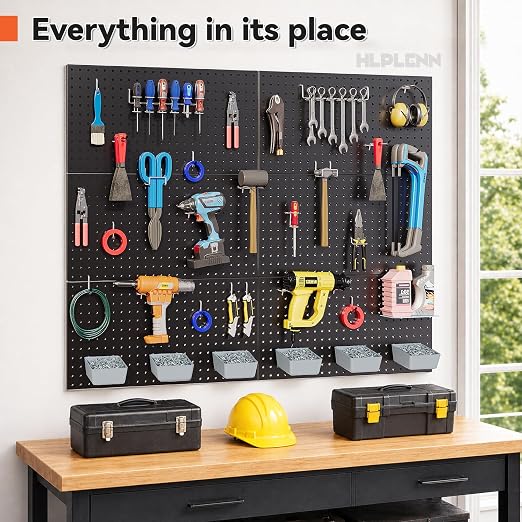 Metal Peg Board 6Pcs, 48"x36" Pegboard Wall Organizer with 140Pcs 1/4" Pegboard Hooks & Accessories, Steel Pegboard Tool Storage System for Garage Workshop Shed, Black