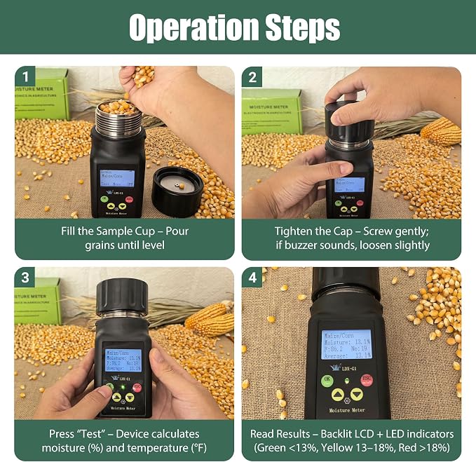 Grain Moisture Tester Agriculture Portable Meter – ±0.5% Accuracy with ATC, Backlit Display & Data Storage, 25 Grains: Corn, Soybean & Paddy Rice, Farmers, Processors & Traders, 10-Language Support