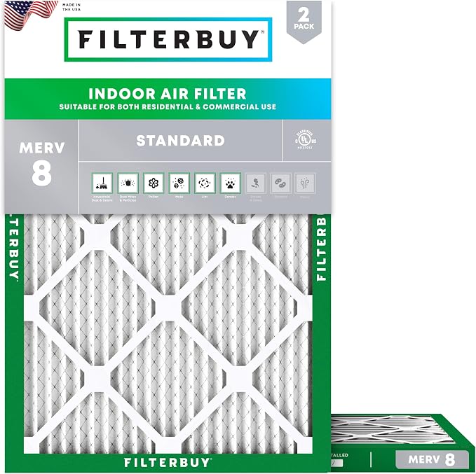 Filterbuy 14x16x1 Air Filter MERV 8 Essential Dust & Allergy Defense (2-Pack), Electrostatic Pleated HVAC AC Furnace Filters Replacement, Made in USA (Actual Size: 14.00 x 16.00 x 0.75)