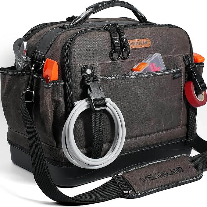 WELKINLAND 53Pockets Hard-Bottom HVAC Bag, Heavy-Duty Electrician Tool Bag,Waterproof Waxed Canvas Tools Bags, Top-Open 16 Inch Tool Bags,HVAC Service Bag For Men