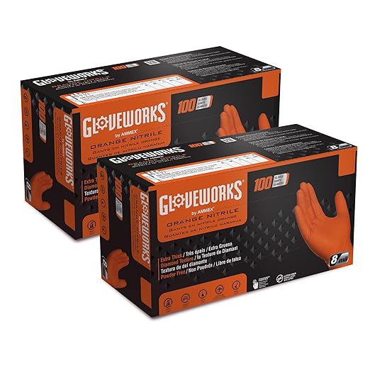 GLOVEWORKS 8 Mil Orange Nitrile Disposable Gloves Heavy Duty Industrial RDT for Mechanic and Automotive, Large 2 Boxes of 100