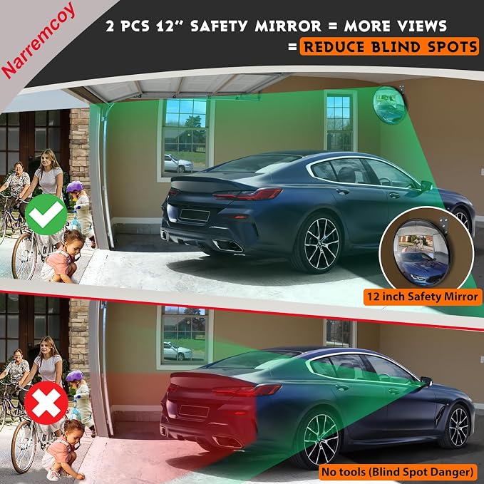 2 Pack 12 Inch Acrylic Convex Mirror with Rain Shield, Adjustable Wide Angle Security Mirror Indoor Outdoor, Blind Spot Traffic Mirror for Garage, Warehouse, Driveway, Store, Office Safety