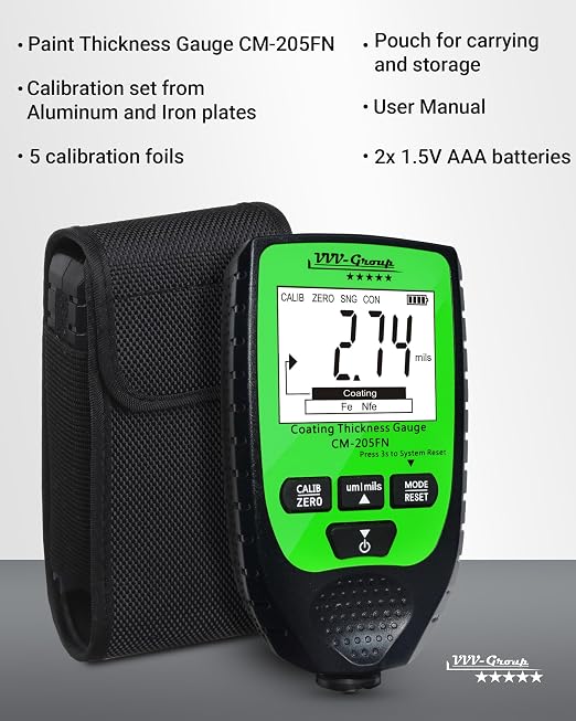 Paint Thickness Gauge CM-205FN for Cars – Digital Coating Thickness Meter, Auto Fe/NFe Detection, 0.1 μm Resolution, 0–1500 μm (0–59.1 mils), ±(3%+2 μm) Accuracy, Backlit LCD