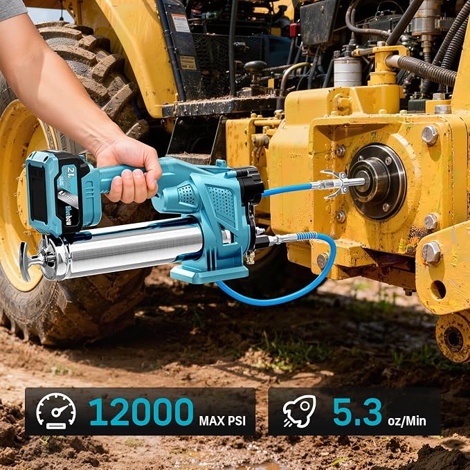 Bluebow Electric Grease Gun Kit, 12,000 PSI Pressure, 5.3 oz/min Flow Rate, 2X 4000 mAh Batteries, 39.4" Flexible Hose, Cordless Grease Gun Built for Farmers, Mechanics & Truckers, Light Weight, Teal