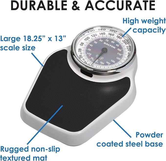 Salter Pro-Helix Professional Oversized Bathroom Scale with Black Vinyl Anti-Slip Bath Mat, 400 LB Capacity, Analog Scale, 18.25" x 13.0" Black/White