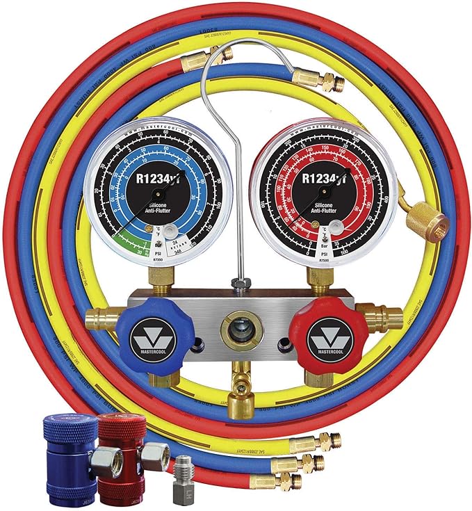 Mastercool 83272 R1234yf 2-Way Manifold Gauge Set with 72" Hoses – U.S. Designed, Assembled, and Tested – Durable Aluminum Construction and 3.5" Anti-Flutter Gauges