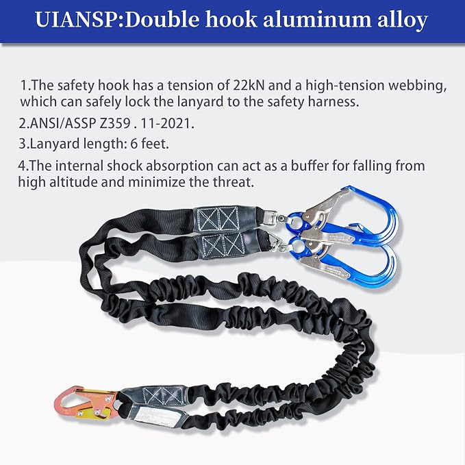 6ft Safety Lanyard Double Leg Internal Shock Absorbing Safety Fall Protection Lanyard with Rope Harness Safety Lanyard Dual Rebar & Snap Hook Roofer Fall Protection Equipment（Aluminium Alloy）