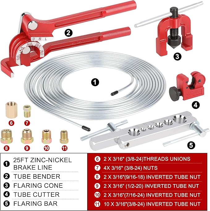 Hromee 3/16 Inch Brake Line Flaring Tool Kit with Zinc-Plated Brake Lines, 16pcs Fittings, 2pcs Union, 4pcs Nut and Single Flare Tool