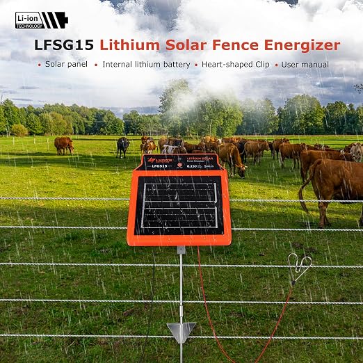 LFGS15 Solar Electric Fence Charger, 24 Hour 5 Miles Solar Charger, Portable 0.15J Energizer with Rechargeable Solar Panel for Livestock, Electric Fence Energizer