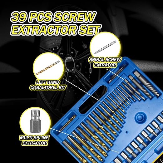 39 Pcs Screw Extractor and Left Hand Drill Bits Set, Easy Out Screw Extractor Set with Reverse Drill Bits, Multi-Spline Extractors for Removing Broken Bolts and Stripped Screws