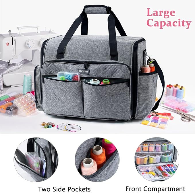 AMOIGEE Full-Open Sewing Machine Case, Large Sewing Machine Storage Bag for Travel - Heavy-Duty Embroidery Tote for Brother Singer Janome Standard Machines Holder with Pocket for Accessories and Tools