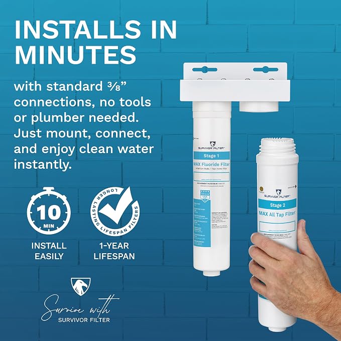 Survivor Filter Max, Stage 2 All Tap, Under Sink Water Filter Replacement | Chlorine & Metals Reduction, All Tap Water Types, Water Filter for Sink Faucet, Easy Installation, Made in USA