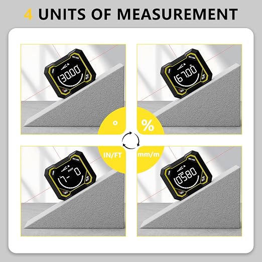 Digital Angle Finder with Laser, Magnetic Inclinometer, USB Rechargeable | 4x90° angle measurement with backlit LCD, auto-rotating display and magnetic base for woodworking, construction and DIY.