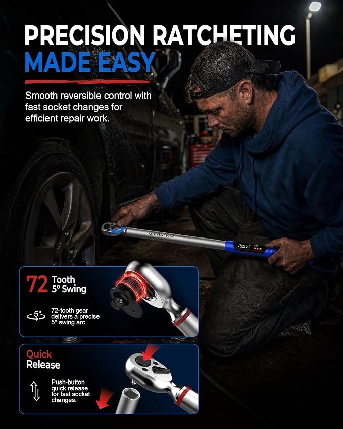 Digital Torque Wrench 1/2 Drive ±2% Accuracy Auto Truck SUV Repair | 12.54-250.7 ft-lb (17-340 N.m)，1000 Data Storage + 8 Presets，Peak & Track Mode，Color LED & Buzzer Alerts，Quick Release Head