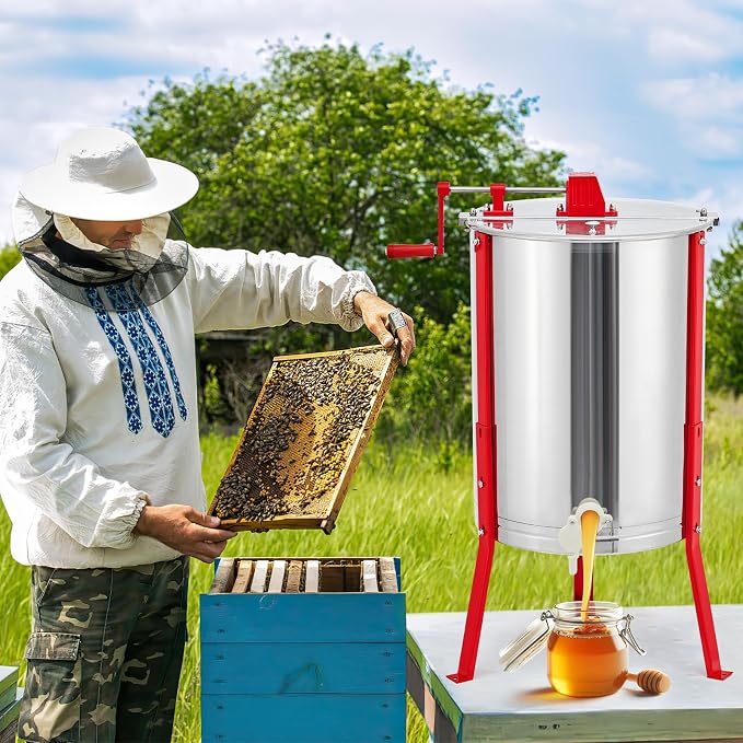Large 2/4 Frame Honey Extractor, Manual Stainless Steel Beekeeping Equipment, Honeycomb Drum Spinner with Transparent Lid & Adjustable Stand for Apiary Home Kitchen